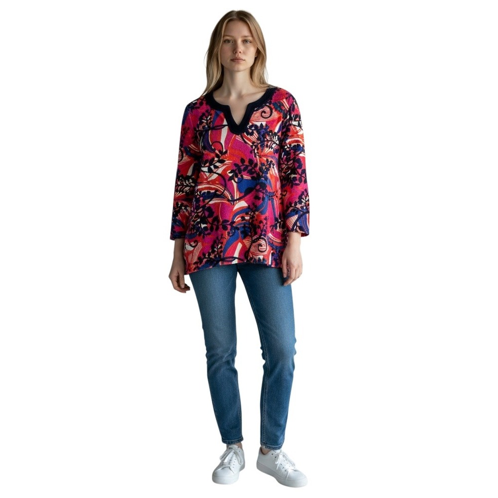 Talbots Women's Terry Cloth Tunic Top Pink Blue Floral Print XL Long Sleeve